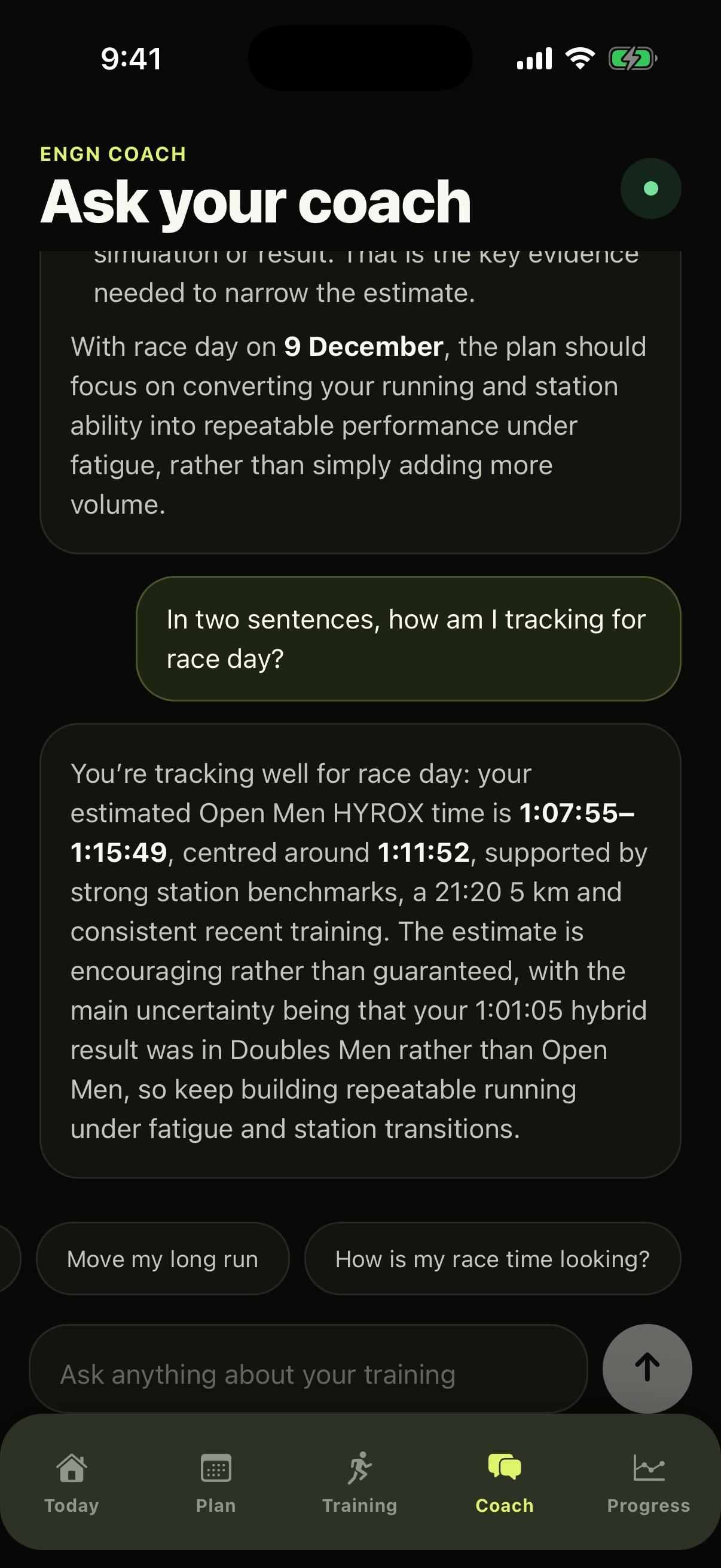 ENGN Coach answering an athlete's question about race-day progress