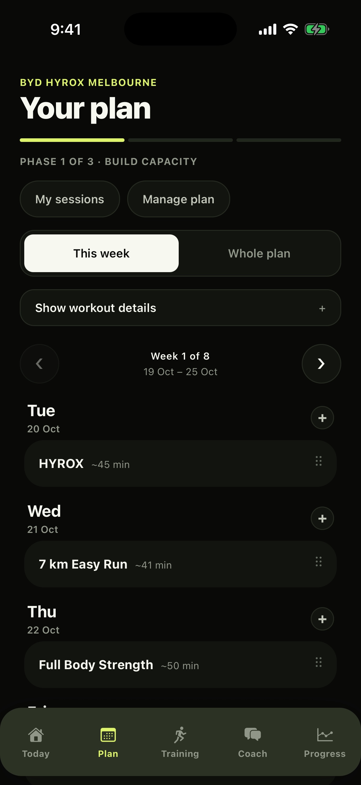 ENGN weekly training plan with running, strength and HYROX sessions