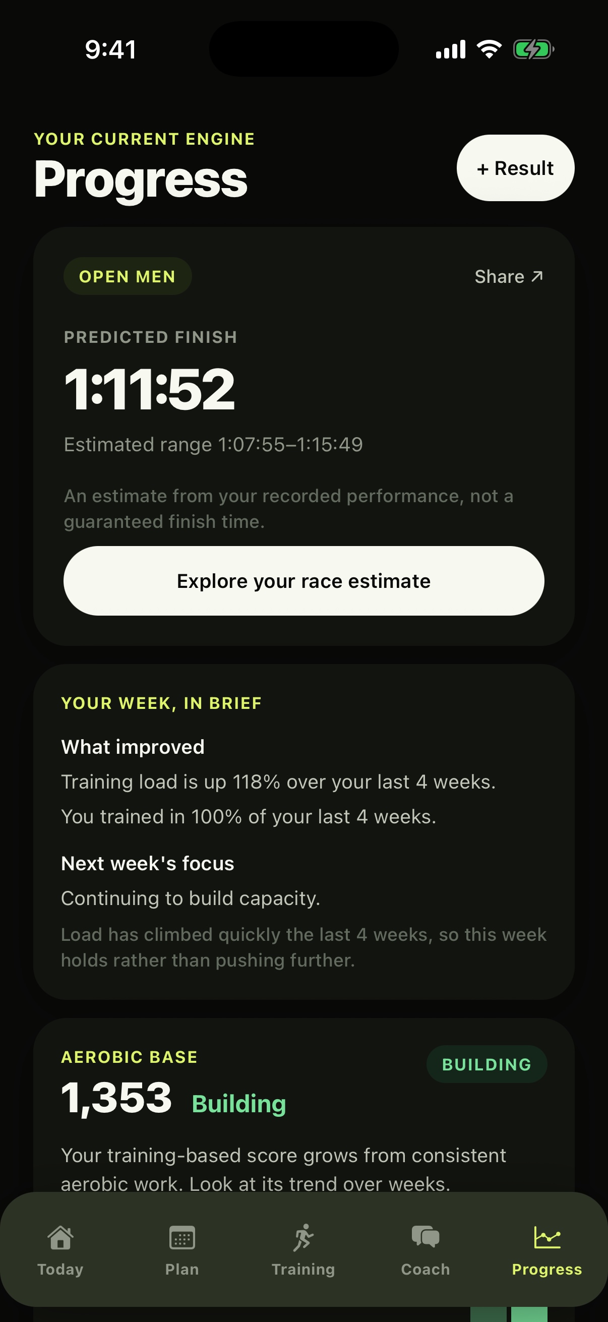 ENGN Progress showing a predicted HYROX finish, weekly training brief and aerobic base