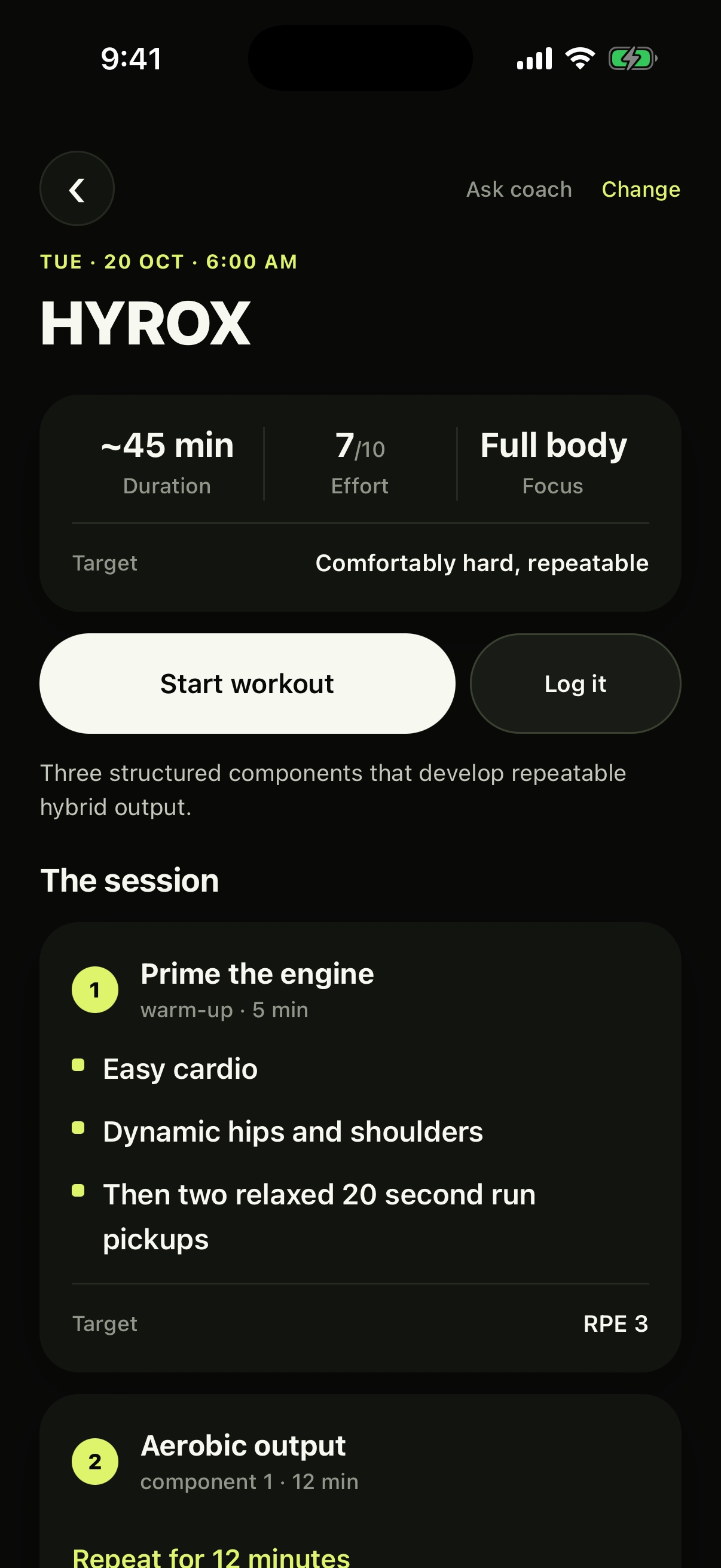 Detailed ENGN HYROX workout with duration, effort, focus and structured components