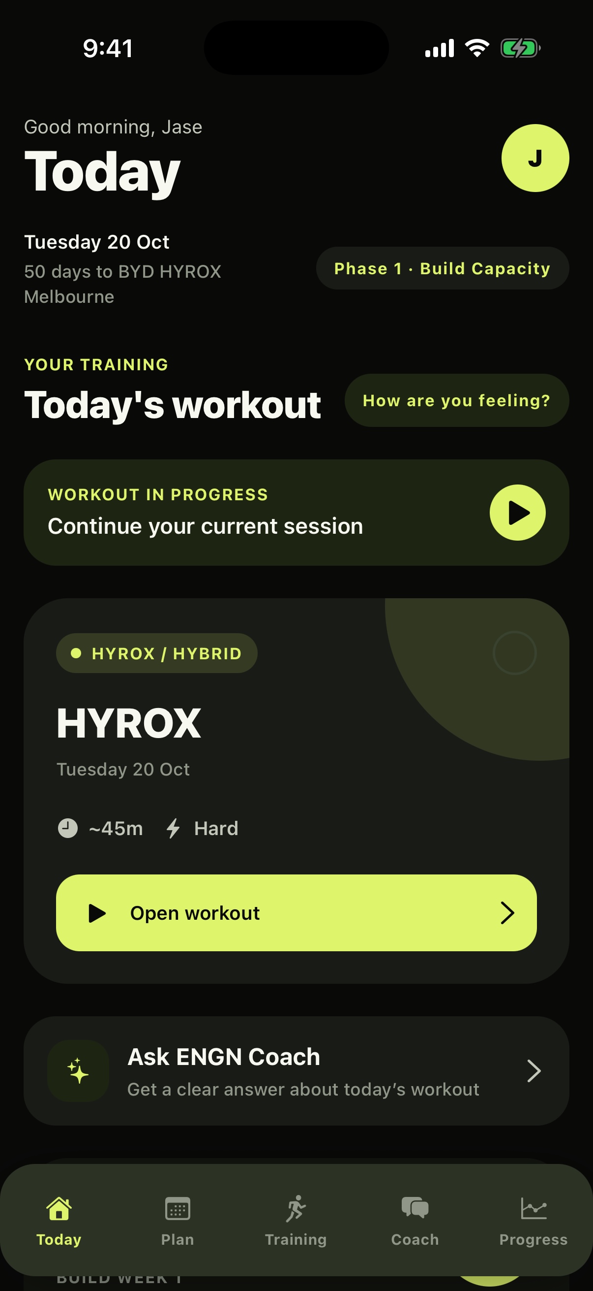 ENGN Today showing an athlete's current HYROX workout and weekly progress